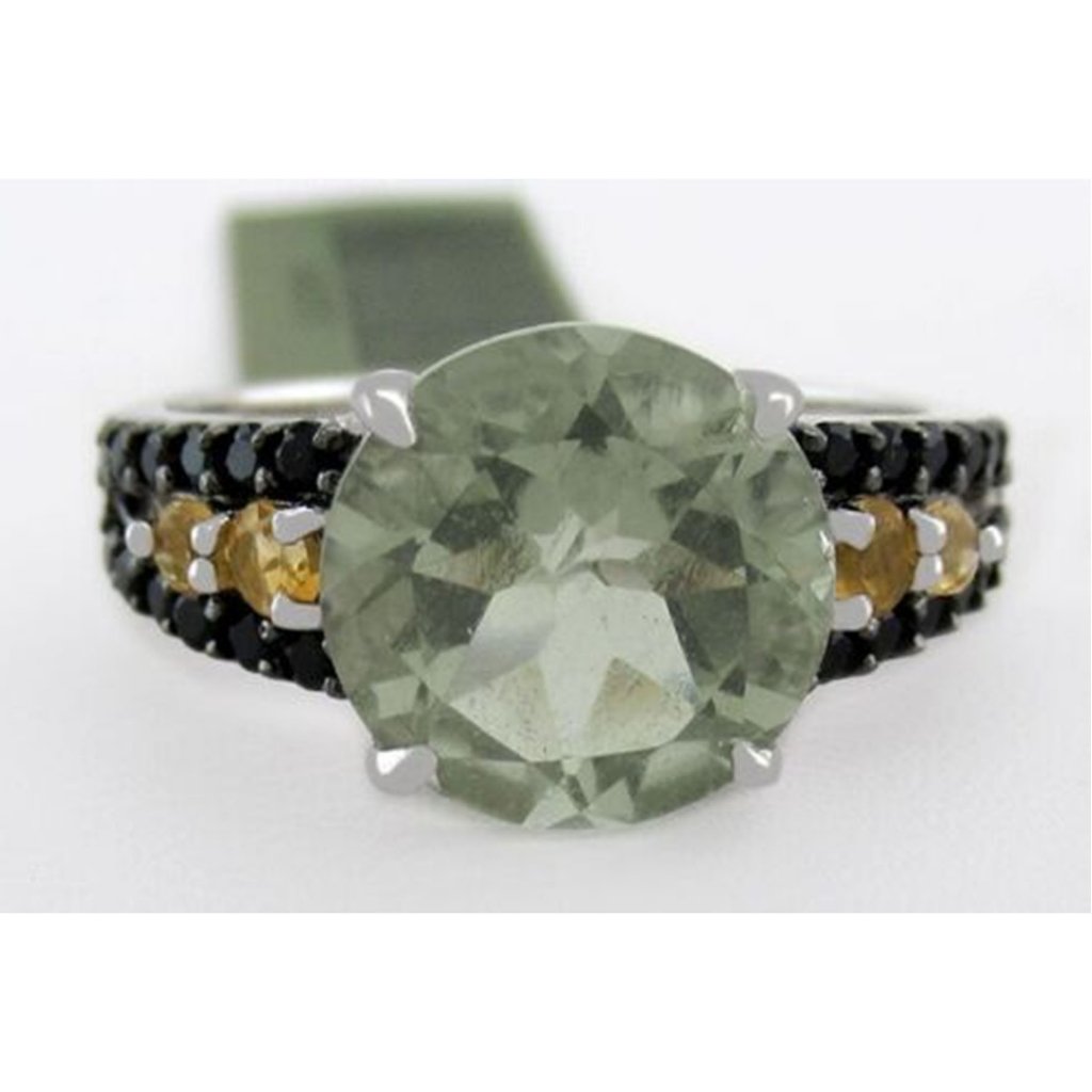 Genuine Green Amethyst, Yellow Topaz & Black Onyx Ring .925 Silver
